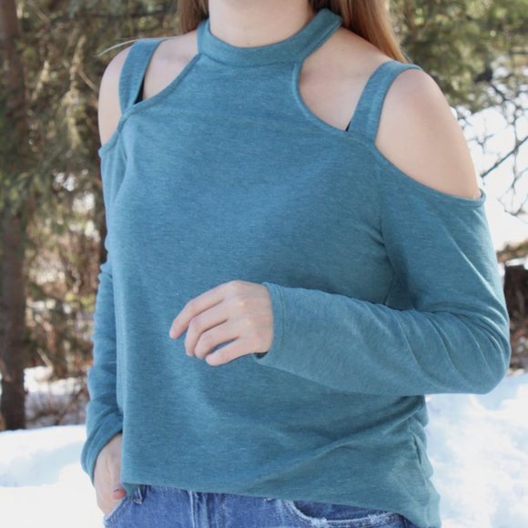 Teal Cold Shoulder Knit Top - Picture 1 of 3
